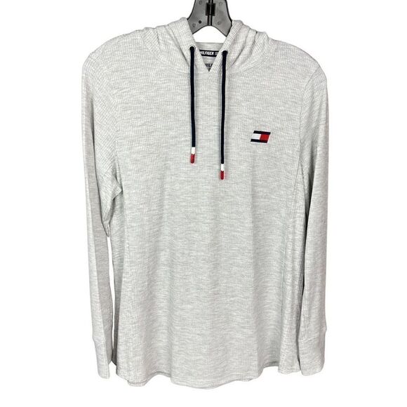 Tommy Hilfiger Sport Athletic Hoodie Grey Drawstring Hood Red White Blue Logo M - Picture 1 of 10